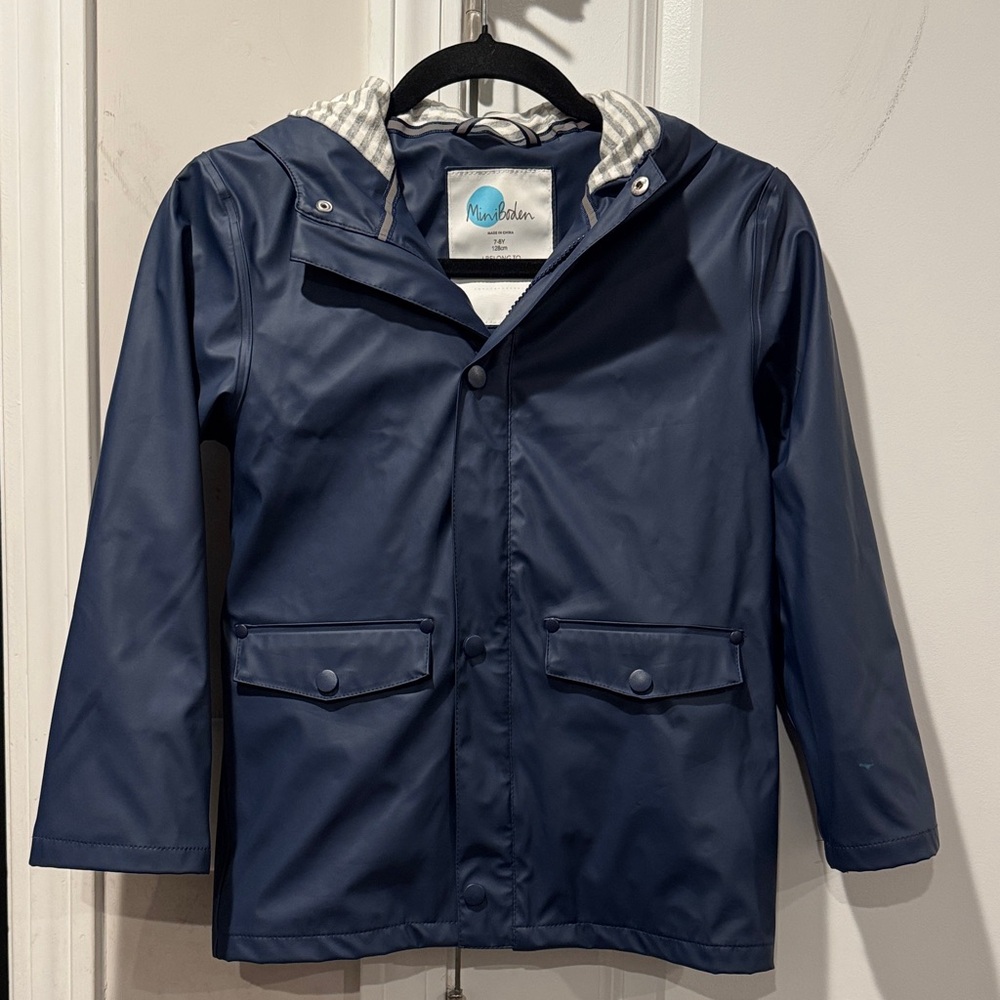 Mini Boden Nautical Navy kids Raincoat with Striped Hood size 7-8